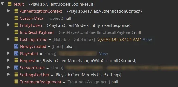 PlayFab LoginWithCustomIDRequest Result