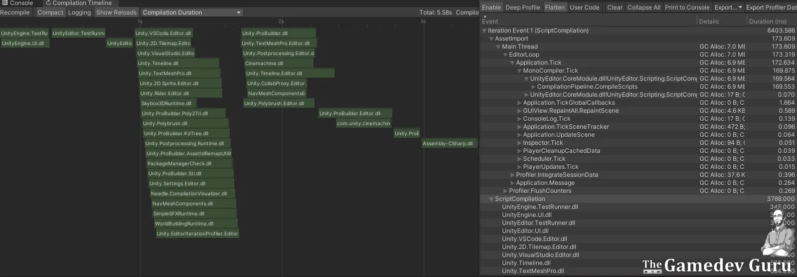 Compilation Visualizer (Left) and Unity Editor Iteration Profiler (Right)